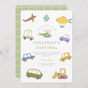 Cute Pastel Car Truck Plane Rocket First Birthday Invitation