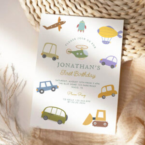 Cute Pastel Car Truck Plane Rocket First Birthday Invitation