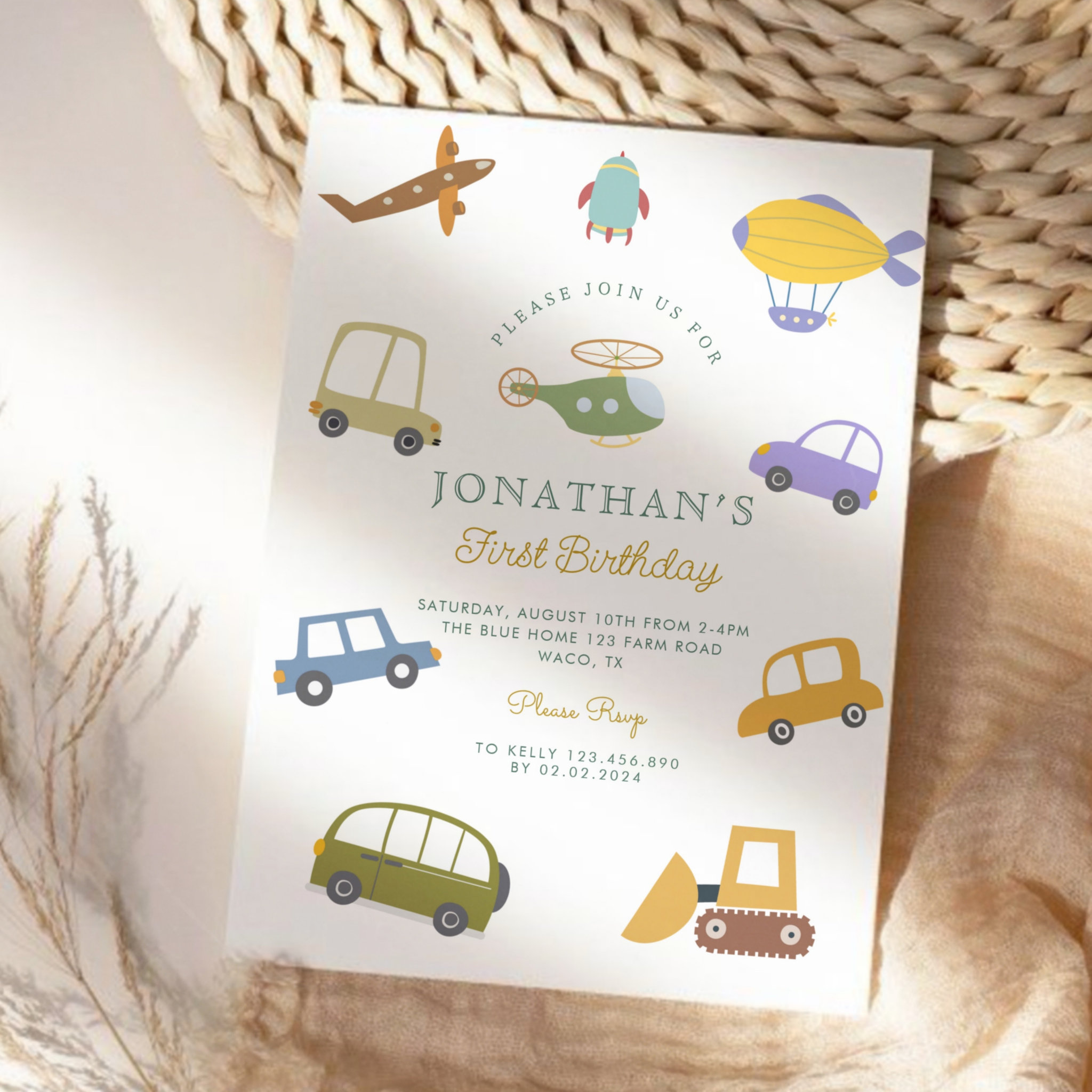 Cute Pastel Car Truck Plane Rocket First Birthday Invitation