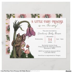 Cute Pink Bear Fairy Princess Girl Baby Shower Invitation