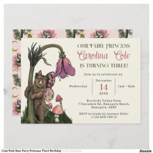 Cute Pink Bear Fairy Princess Third Birthday Invitation