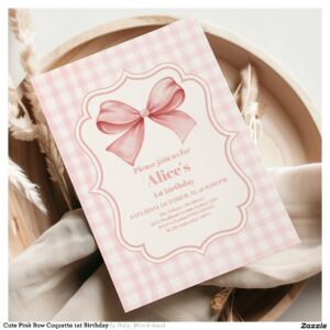 Cute Pink Bow Coquette 1st Birthday Invitation