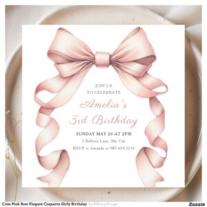 Cute Pink Bow Elegant Coquette Girly Birthday Invitation