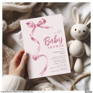 Cute Pink Bow Ribbon Girl Baby Shower Invitation