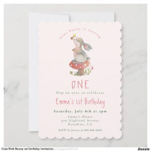 Cute Pink Bunny 1st birthday invitation