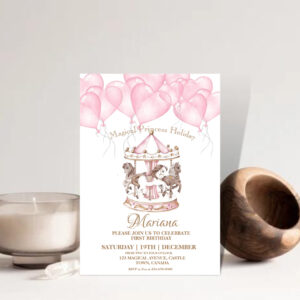 Cute Pink Carousel Unicorn 1st Kids Birthday Party Invitation