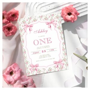 Cute Pink Coquette Bow 1st Birthday Invitation