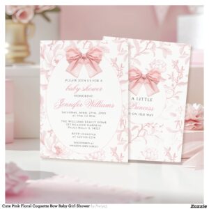 Cute Pink Floral Coquette Bow Baby Girl Shower Invitation