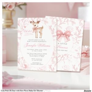 Cute Pink Oh Deer with Bow Floral Baby Girl Shower Invitation