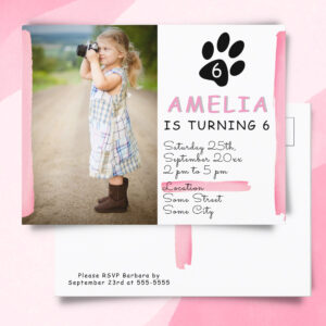 Cute Pink Paw Photo Birthday Party Invitation