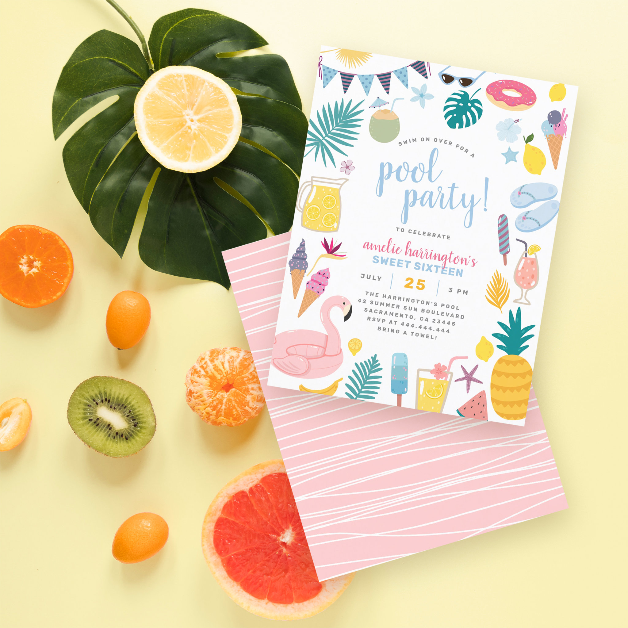 Cute Pool Party Sweet Sixteen Birthday Party Invitation Postcard