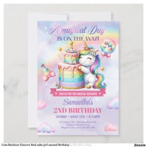 Cute Rainbow Unicorn And cake girl second Birthday Invitation