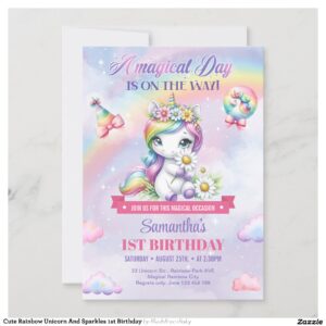 Cute Rainbow Unicorn And Sparkles 1st Birthday Invitation