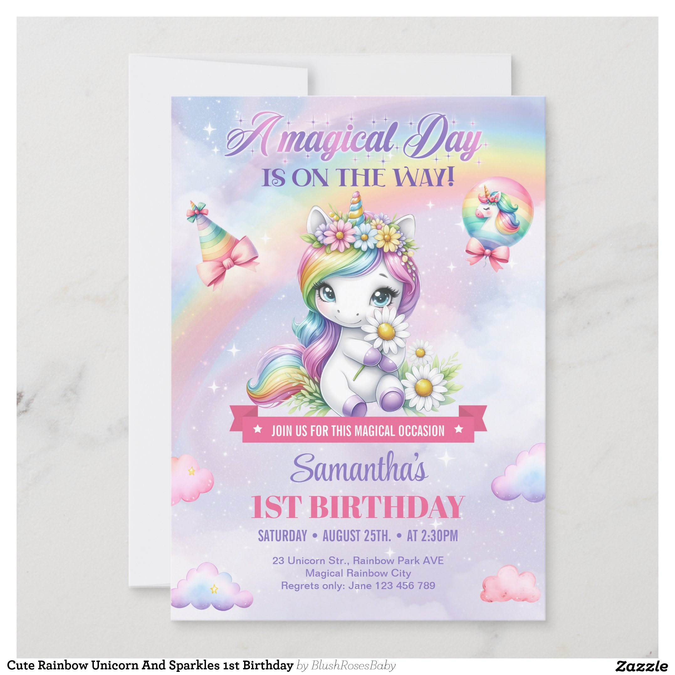 Cute Rainbow Unicorn And Sparkles 1st Birthday Invitation