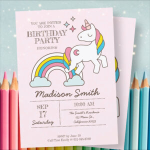 Cute Rainbow Unicorn And Sparkles Birthday Invitation