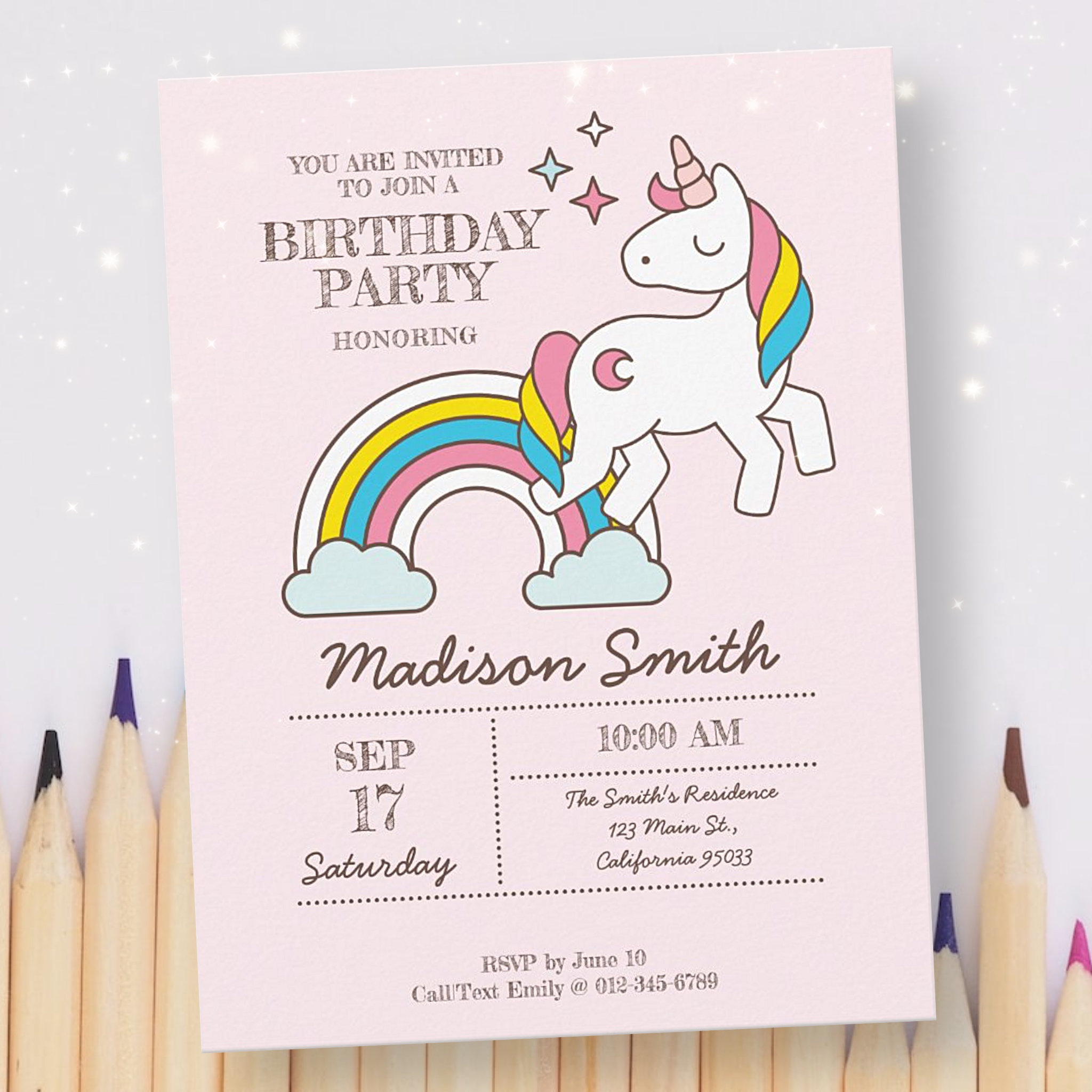Cute Rainbow Unicorn And Sparkles Birthday Invitation Postcard