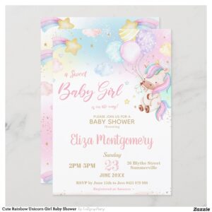 Cute Rainbow Unicorn Girl Baby Shower Invitation
