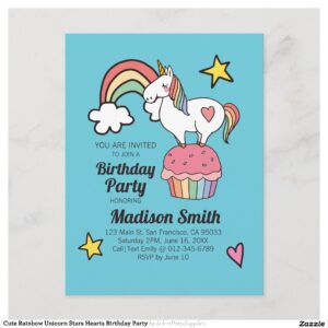 Cute Rainbow Unicorn Stars Hearts Birthday Party Invitation Postcard