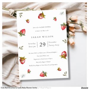 Cute Red Strawberry Leafy Baby Shower Invite