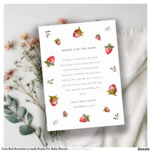 Cute Red Strawberry Leafy Books For Baby Shower Enclosure Card