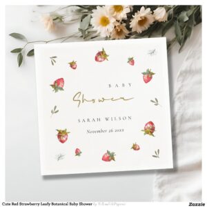 Cute Red Strawberry Leafy Botanical Baby Shower Napkins