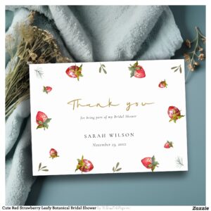 Cute Red Strawberry Leafy Botanical Bridal Shower Thank You Card
