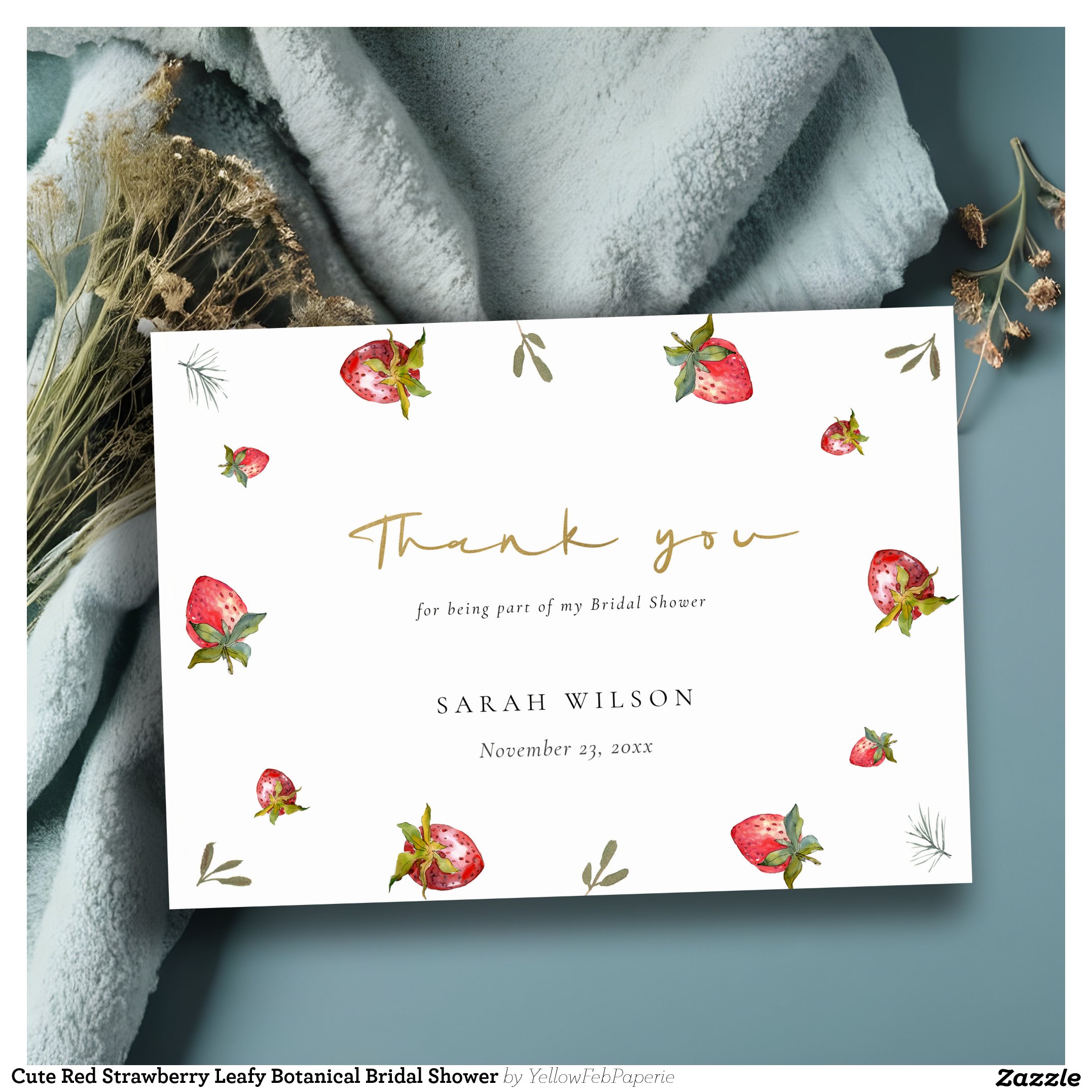 Cute Red Strawberry Leafy Botanical Bridal Shower Thank You Card