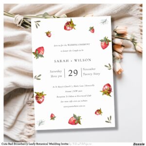 Cute Red Strawberry Leafy Botanical Wedding Invite