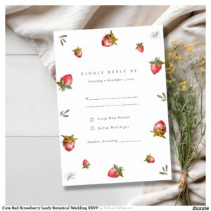 Cute Red Strawberry Leafy Botanical Wedding RSVP Enclosure Card