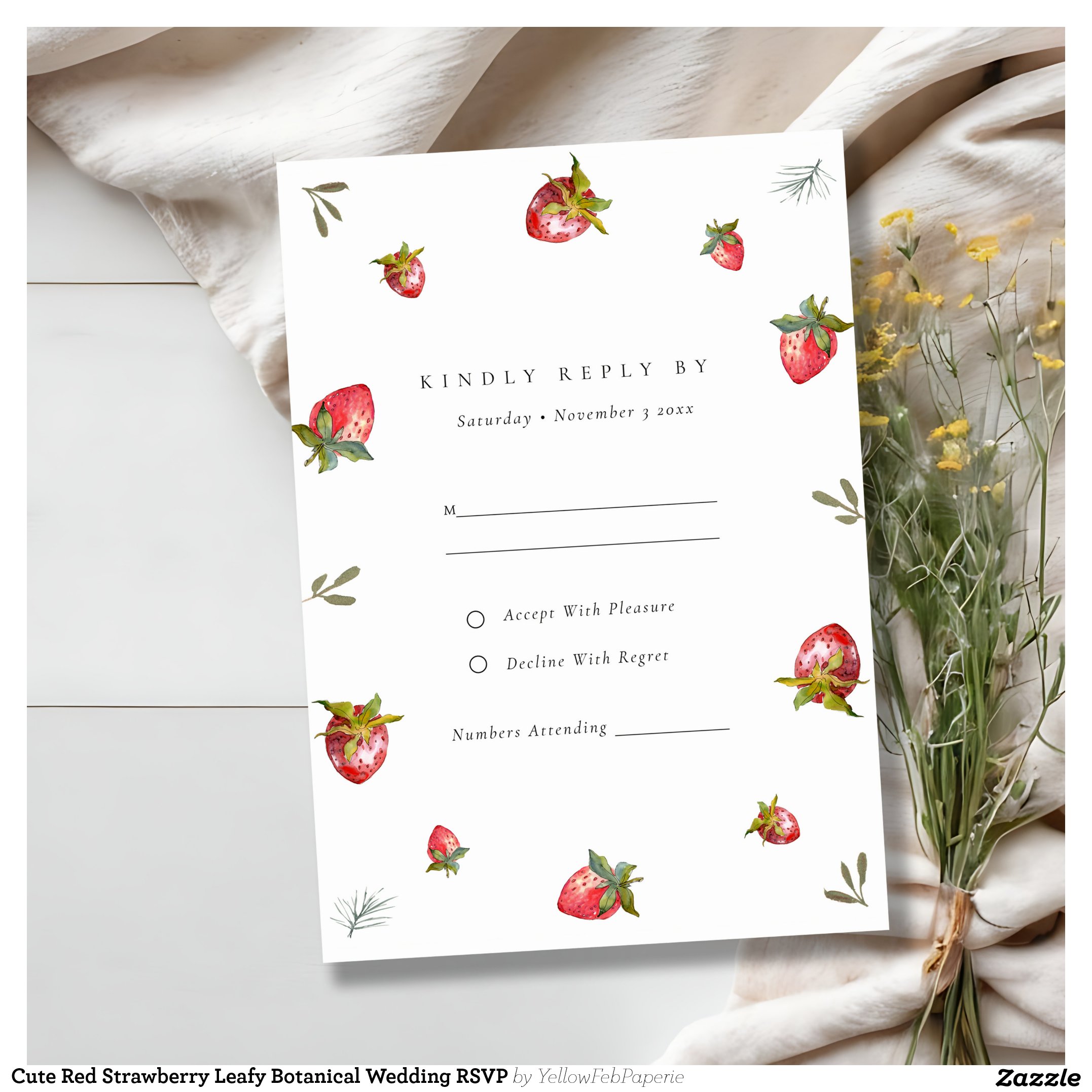Cute Red Strawberry Leafy Botanical Wedding RSVP Enclosure Card