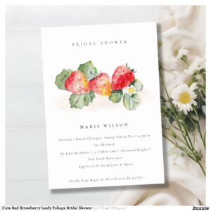 Cute Red Strawberry Leafy Foliage Bridal Shower Invitation