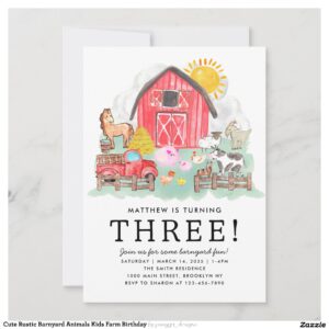 Cute Rustic Barnyard Animals Kids Farm Birthday Invitation