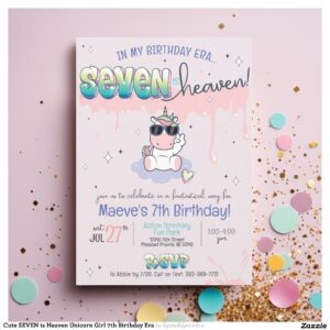Cute SEVEN is Heaven Unicorn Girl 7th Birthday Era Invitation