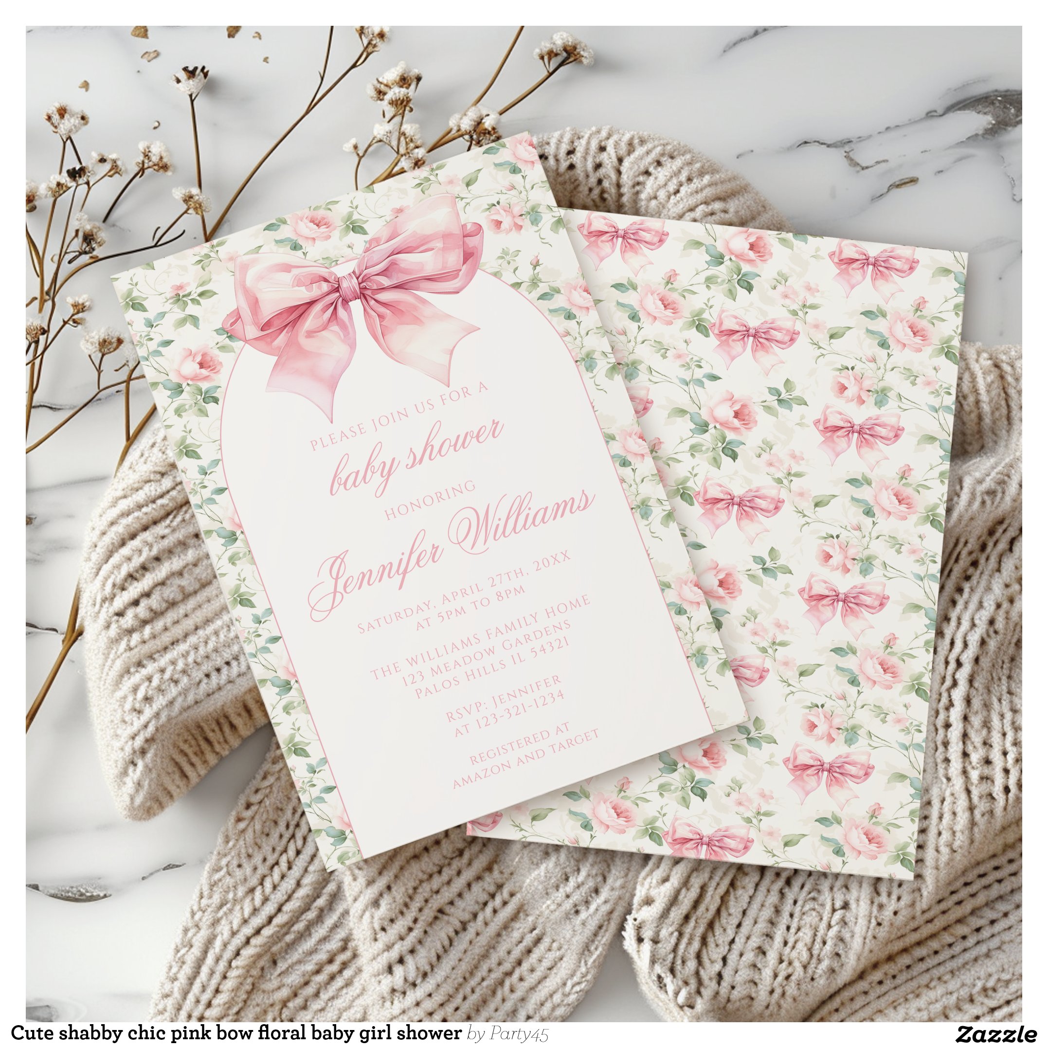 Cute shabby chic pink bow floral baby girl shower invitation