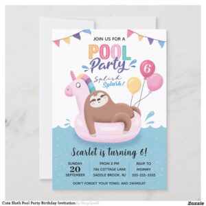 Cute Sloth Pool Party Birthday Invitation
