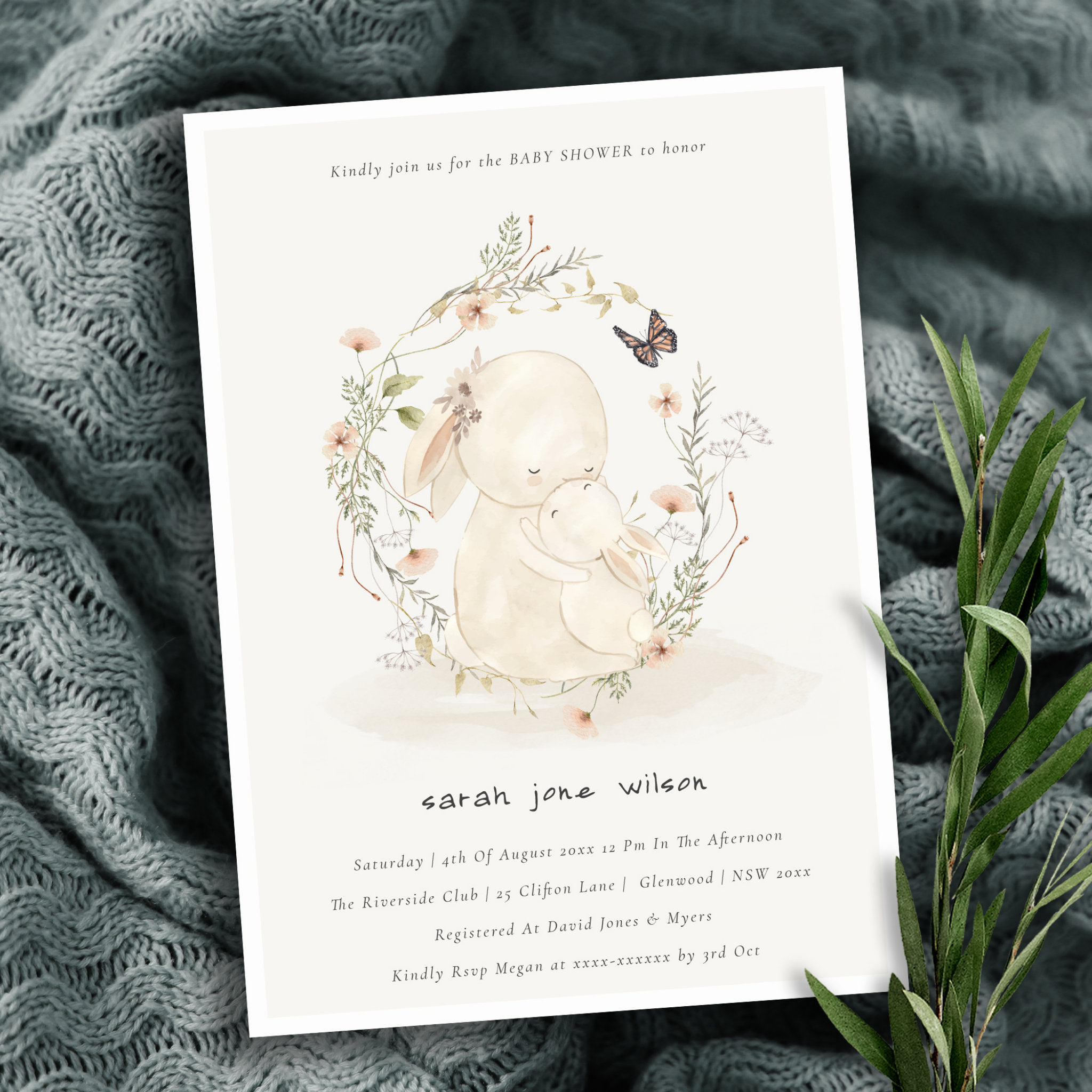 Cute Soft Baby Mum Bunny Floral Wreath Baby Shower Invitation
