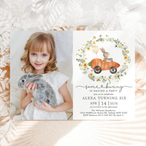 Cute Spring Bunny Rabbit Wildflower Birthday Photo Invitation