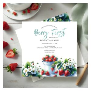 Cute Strawberry Berry First Birthday Invitation