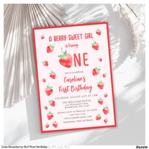Cute Strawberry Girl First birthday Invitation