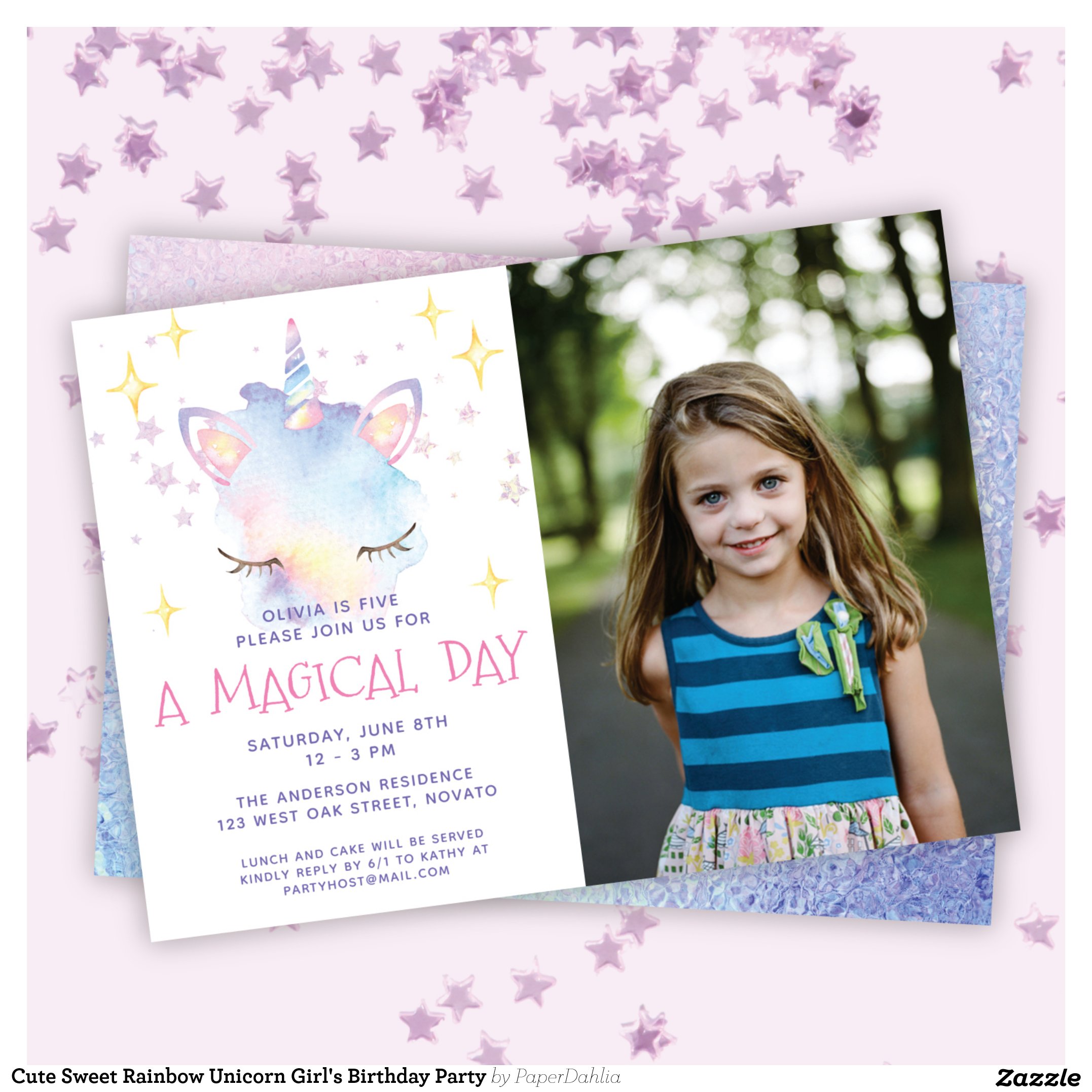 Cute Sweet Rainbow Unicorn Girl's Birthday Party Invitation