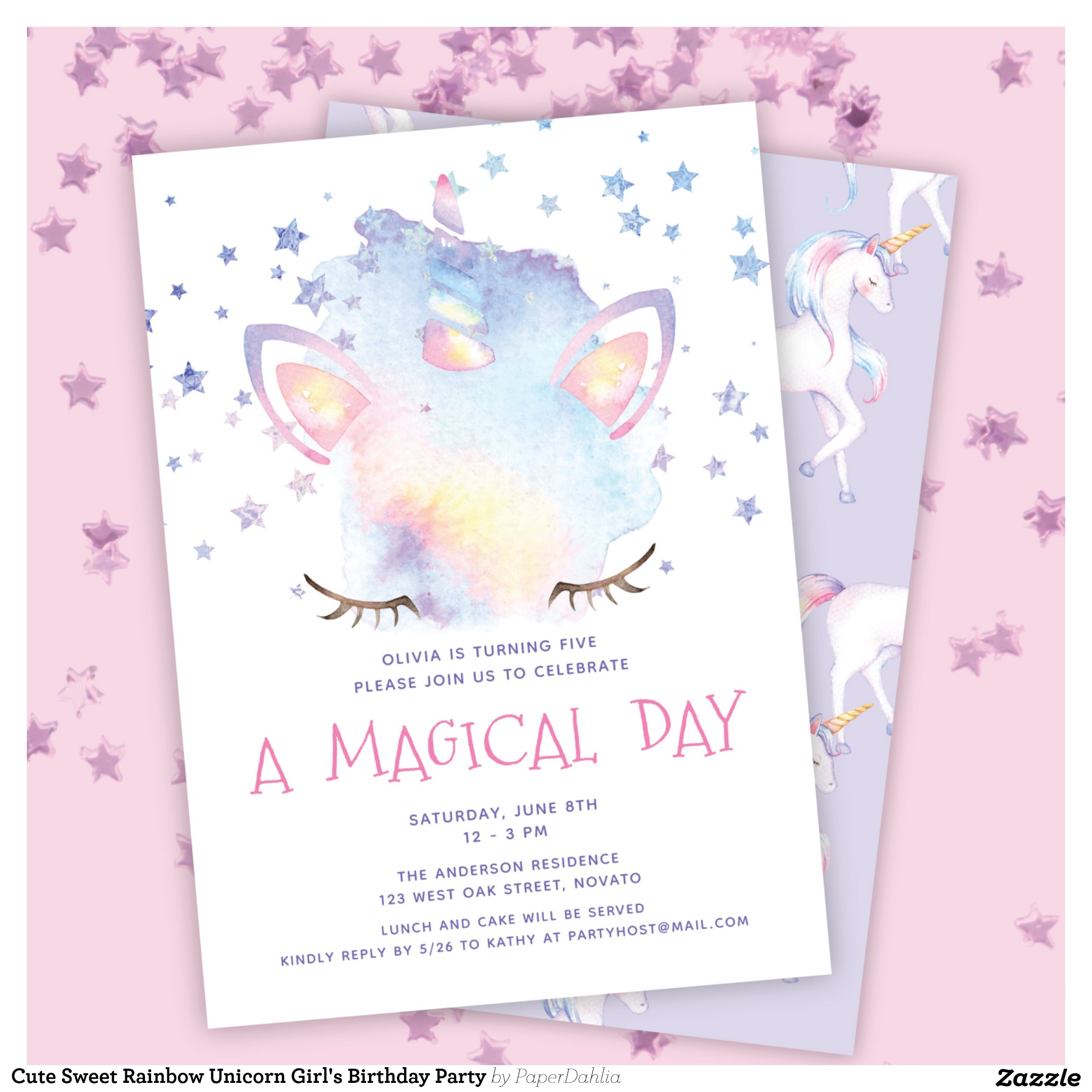 Cute Sweet Rainbow Unicorn Girl's Birthday Party Invitation