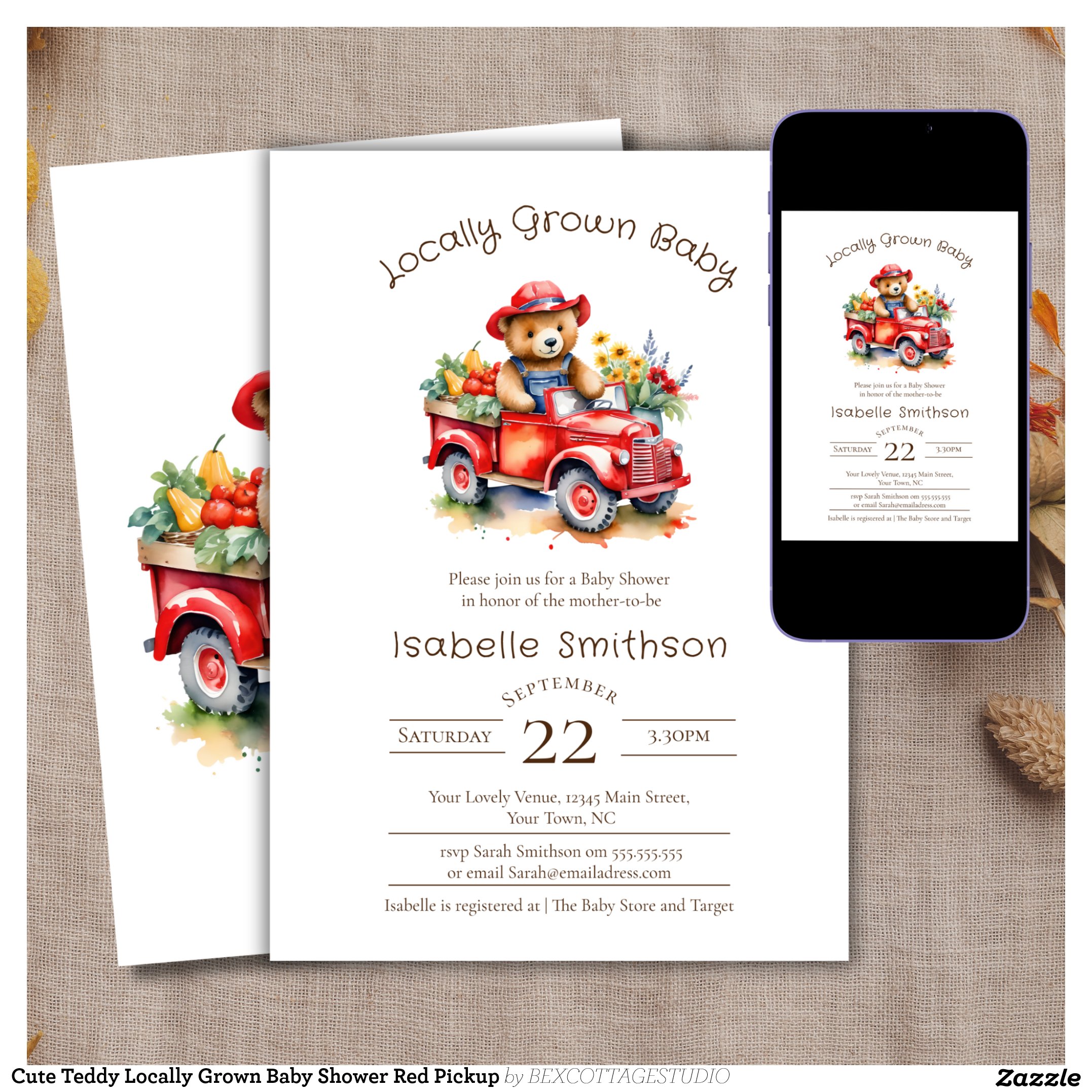 Cute Teddy Locally Grown Baby Shower Red Pickup Invitation