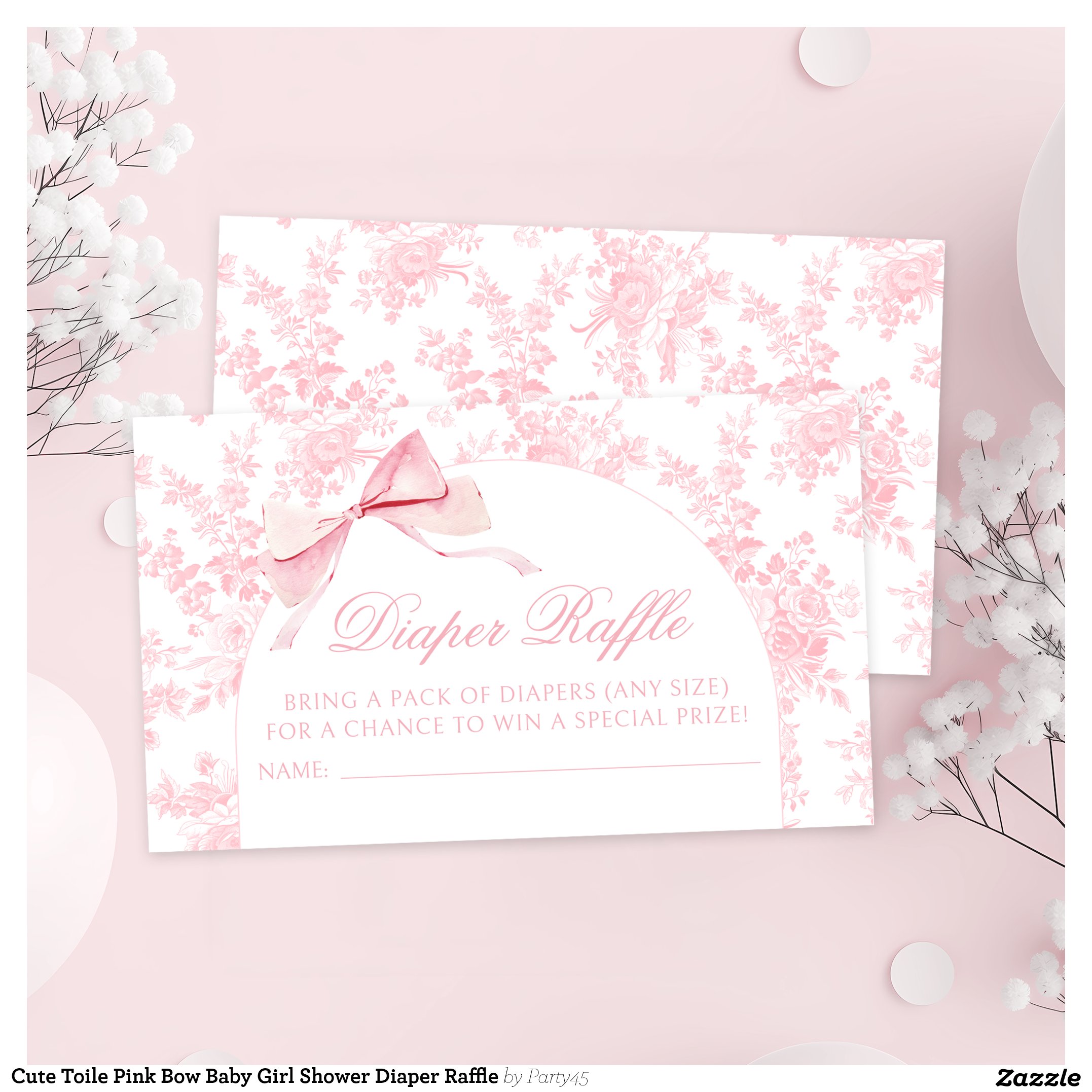 Cute Toile Pink Bow Baby Girl Shower Diaper Raffle Enclosure Card