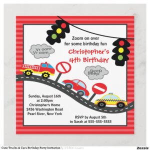 Cute Trucks & Cars Birthday Party Invitation