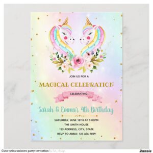 Cute twins unicorn party invitation