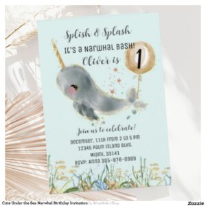 Cute Under the Sea Narwhal Birthday Invitation