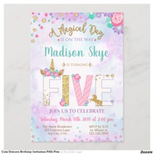 Cute Unicorn Birthday Invitation Fifth Five