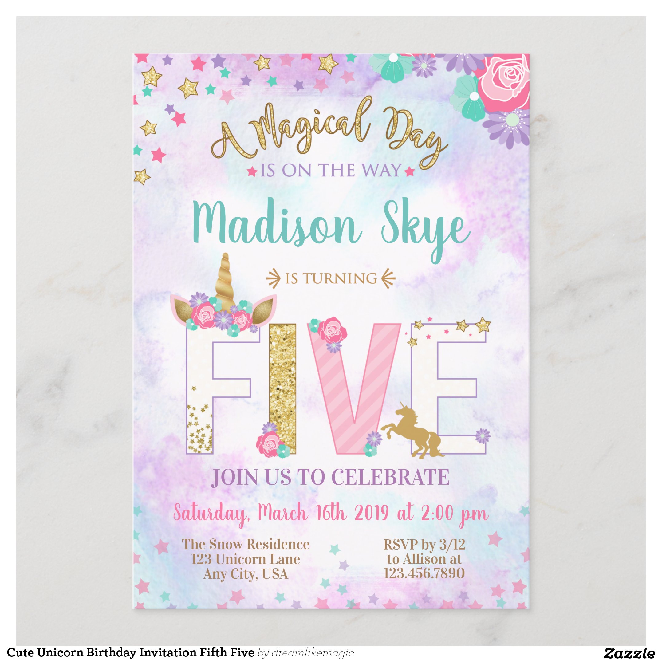 Cute Unicorn Birthday Invitation Fifth Five