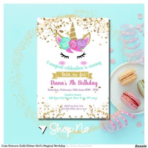 Cute Unicorn Gold Glitter Girl's Magical Birthday Invitation