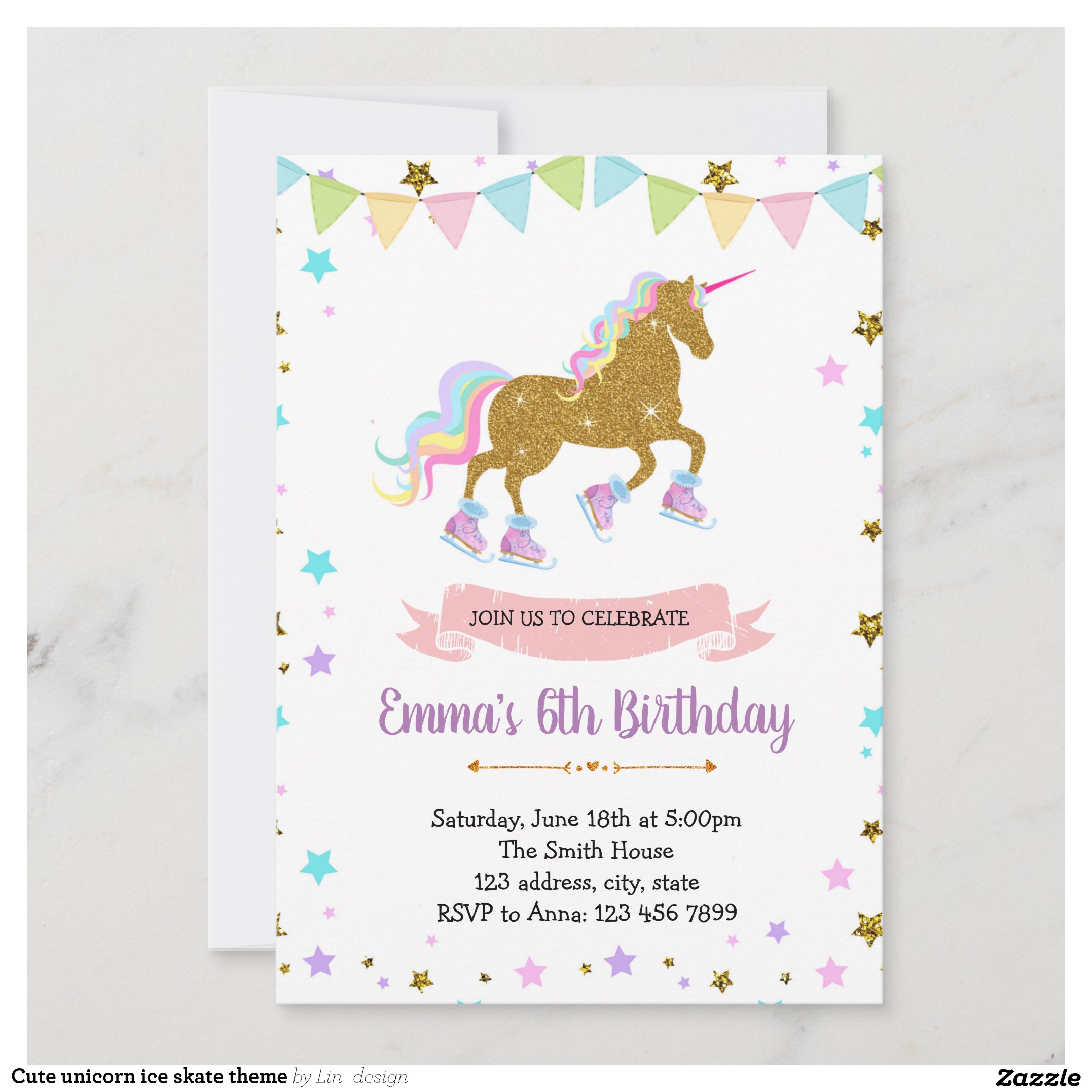 Cute unicorn ice skate theme invitation